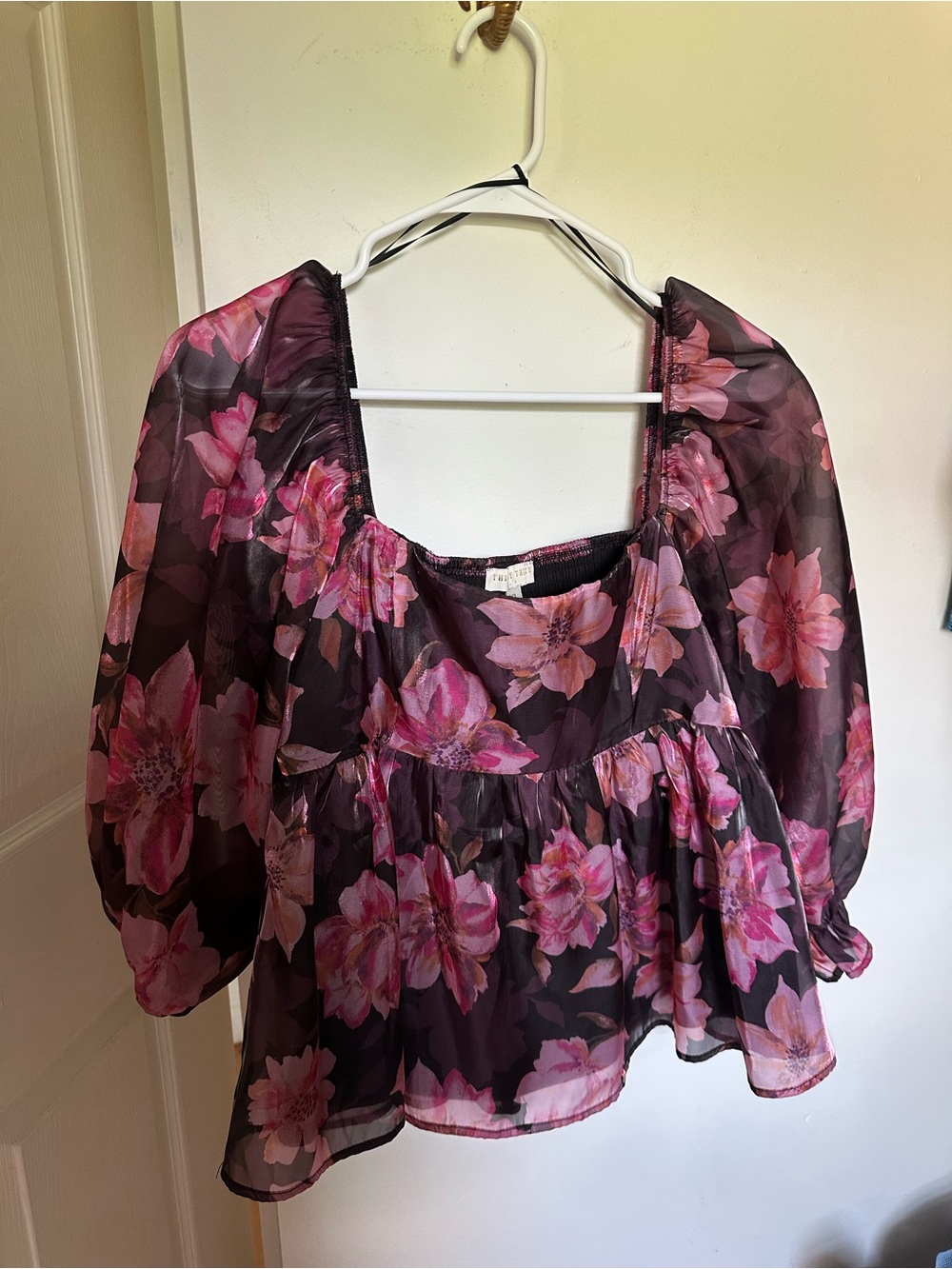 T.J.Maxx Black Sheer Blouse with Pink Floral Print